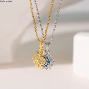 Sun & Moon Matching Couple Pendant Necklaces, Minimalist Micro Paved Design with Magnetic Clasp, Vintage Stackable Jewelry, Ideal Romantic Gift for Him & Her Daily Wear