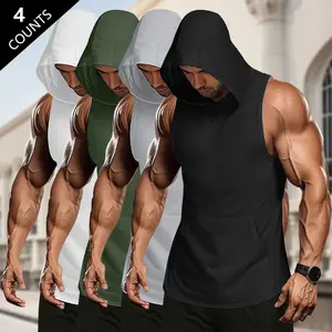 Men's Sports & Casual Hooded Tank Top 4 Pack - Lightweight Polyester with Kangaroo Pocket, Slight Stretch Regular Fit Short Sleeve Shirt Suitable for Running & Outdoor Activities Spring/Summer; Loungewear | Athletic Style | Polyester Pullover