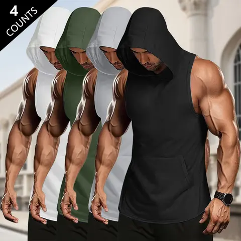 Men's Regular Fit Hooded Tank Top 4-Pack - Lightweight Polyester, Kangaroo Pocket, Slight Stretch, Breezy Short Sleeves, Casual Activewear for Running, Spring/Summer Athletic Fitted Breathable Pullover Loungewear