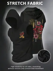 Men's Japanese Samurai Graphic Hooded Sleeveless Vest, High Stretch Breathable Workout Top, Dark Style Cherry Blossom Hanzi Drawstring