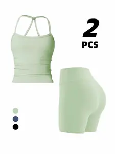 Women's Athletic Set High Stretch Tank Top & High-Waist Running Shorts 75% Nylon 25% Elastane Stretchy Skinny Activewear Cami Top Backless Shorts Workout Gym Clothing