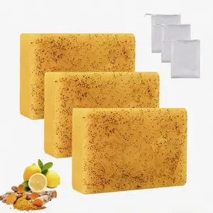 3 pcs Lemon Turmeric  Kojic Acid Soap - Gentle Dark Spot Remover for Face Acne Cleanser Cream Cleansi,Lemon Turmeric Glowing Skin Care Soap, Deep Clean, with Soap Saver Bags
