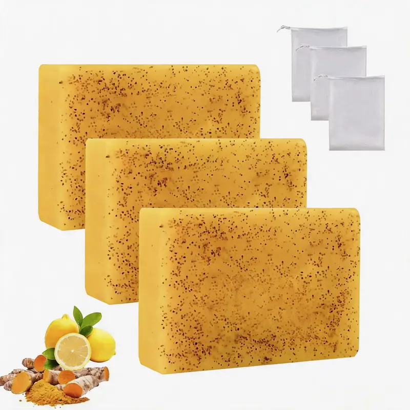 Alcohol-Free Lemon Turmeric Kojic Acid Soap - Gentle Dark Spot Remover, Facial Cleansing Acne Cleanser, Face Care Products Moisturizer, Deep Clean Body Wash with Soap Saver Bags