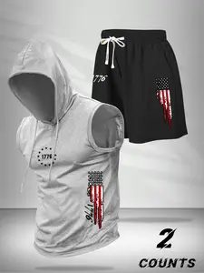 Men's Summer Casual Two-Piece Set, Hooded Sleeveless T-Shirt Vest + Drawstring Waist Shorts, Outdoor Sports Fitness Running, Workout Running Clothes