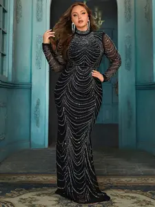 Plus Size Black Rhinestone Mermaid Evening Gown Long Sleeve Formal Dress