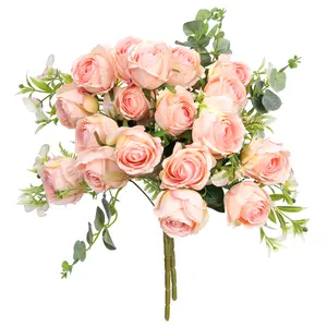 GARFUNOVO Fake Artificial Flowers 2-Piece Set with 9 Branches & 9 Heads of Pink Silk Roses & Eucalyptus, Versatile Vase for Home Decor