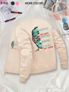 Nurse Themed Printed Long Sleeve Bomber Jacket - Nursing Inspirational Slogan Outerwear for Women, Coats Womenswear, Polyester Knit Fabric with Pockets, Fitted Casual Style for Autumn/Winter, Random Print Pattern Suitable for Young Adults.