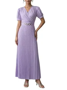 Women's French Romantic Back Tie V-Neck A-Line Pleated Long Dress, Formal Chic, Elegant Waist Decoration, Perfect for Special Occasions