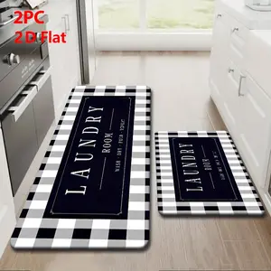 2pcs/3pcs Flannel Kitchen Mat Set, Checkered Border, Laundry Room Design, Non-Slip, Absorbent, Home Decor