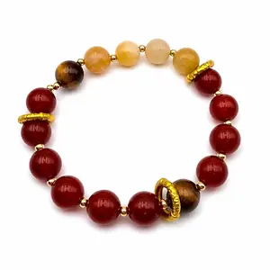 Natural Crystal Beaded Bracelet, Yellow Dragon Jade Tiger Eye & Red Agate Bracelet for Women, Lucky Wealth Protection Jewelry Gift Stacking