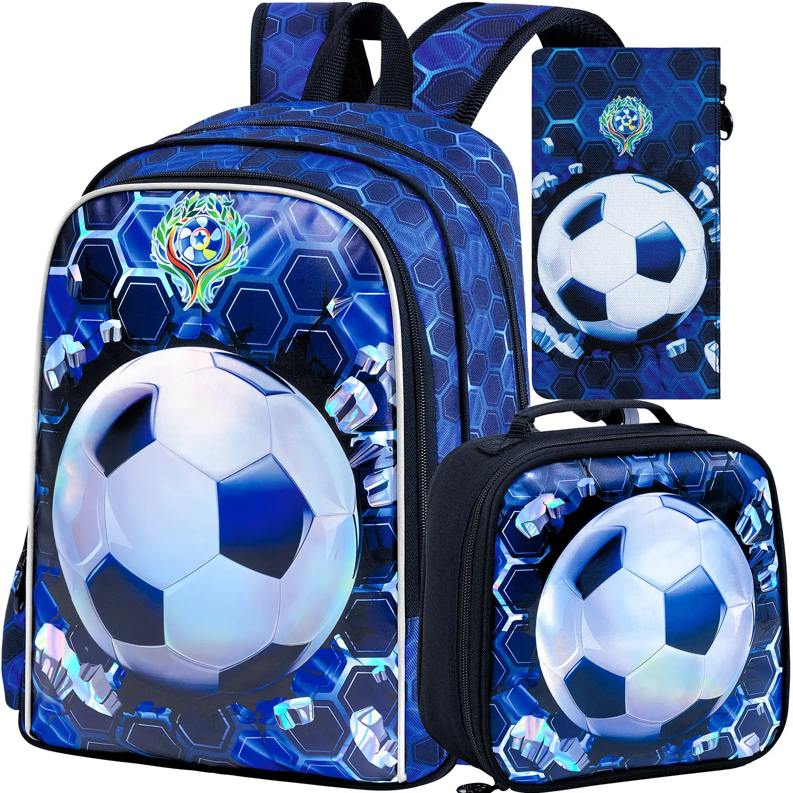 3PCS Football Backpack for Boys, 16 Inch Kids Water Resistant Preschool Bookbags with Lunch Box, Cool Elementary School Bag for Kindergarten Toddler