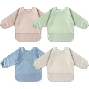 P-GCS010   4 Pack Long Sleeve Bib, Waterproof Sleeved Smock for Baby Boy or Girl, Reusable Bib with Pocket, Ages 6-24 Months
