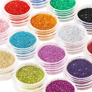 Holographic Nail Glitter Sequins Powder Holo Laser Cosmetic Festival Powder for Face Body Eye Festival Hair with 6 Small Brushes Clear Makeup