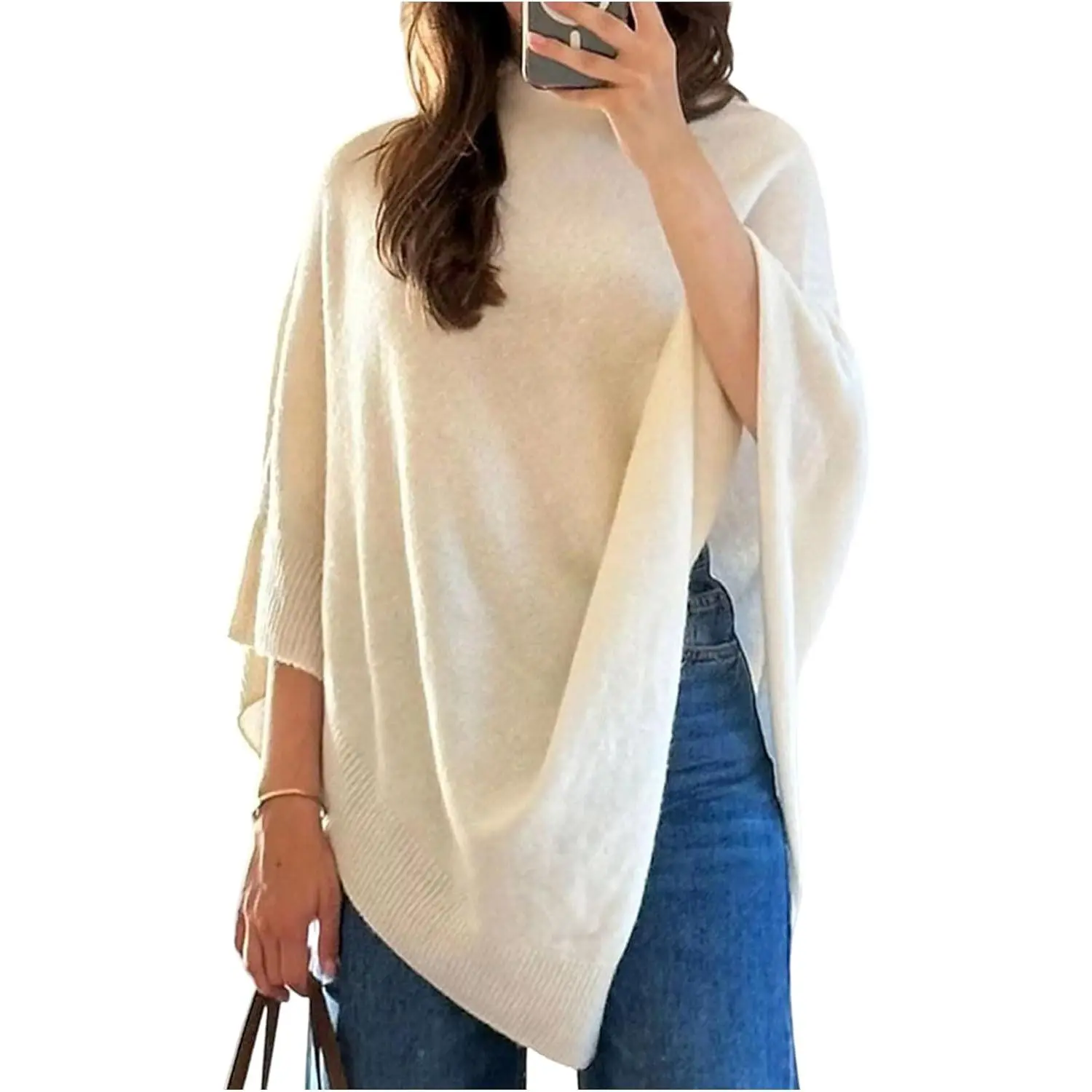Women's Solid Loose-Fitting Knit Poncho Sweater - Batwing Sleeve Lightweight Crochet Clothes for Indoor Leisure Recreation, Casual, Ponchos