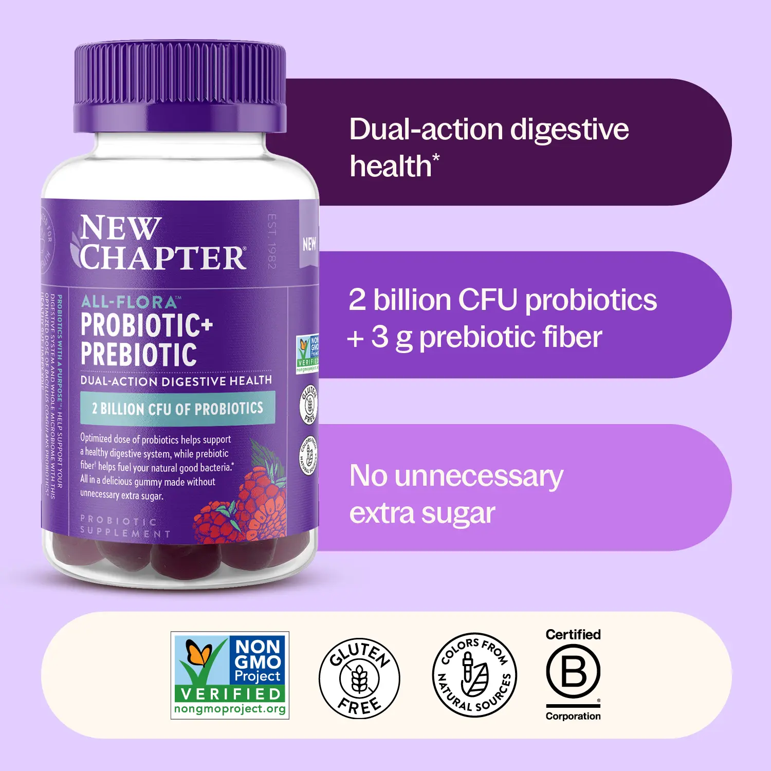 NEW CHAPTER All Flora Prebiotic + Probiotic Gummy, 55% Less Sugar, Holistic Gut Health Support for Women & Men - 60ct