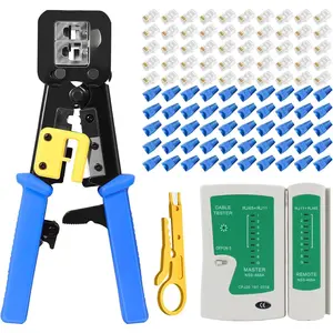 Pass Through RJ45 Crimp Tool Kit  6  5E  5 Ethernet  Kit RJ45 Crimping Tool with Network  Tester, Mini  Stripper, 50 count Cat6 Connectors and   Boots