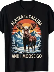 Men'S Alaska Is Calling And I Moose Go Graphic T-Shirt & Hoodie/Sweater - Funny Moose & Alaska State Wildlife Design, Comfortable Casual Short Sleeve Round Neck Tee, All-Season Outdoor Apparel for Hiking, Camping, Casual Attire - Ideal Alaska Souven