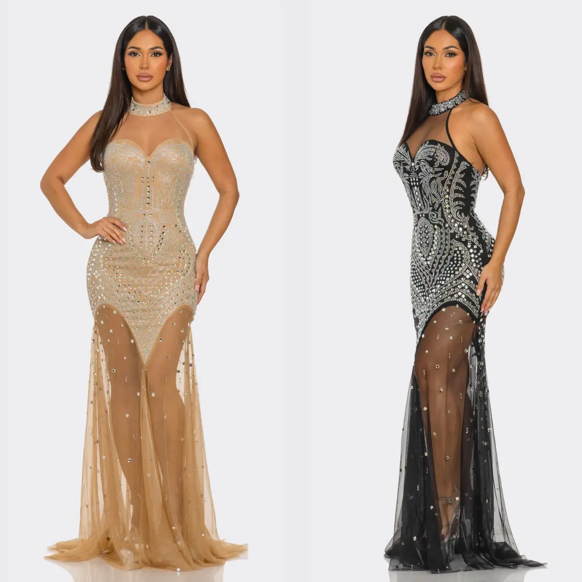 Edwine Rhinestone Halter Neck Floor-Length Maxi Dress Formal Fit wedding guest dresses