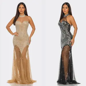 Edwine Rhinestone Halter Neck Floor-Length Maxi Dress Formal Fit wedding guest dresses