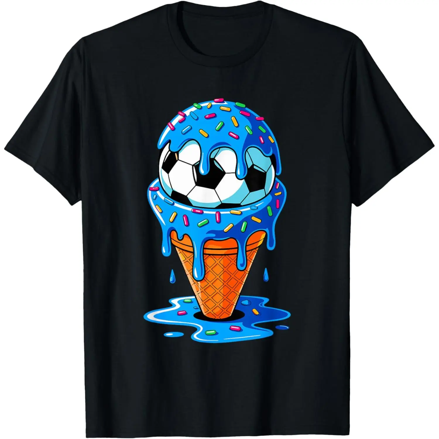 Men's Pure Cotton Casual Round Neck Short Sleeve Graphic T-Shirt - Soccer Ball Ice Cream Drip Sprinkles Design, Fitness-Friendly, Natural Fabric, Birthday Gifts for Men & Women