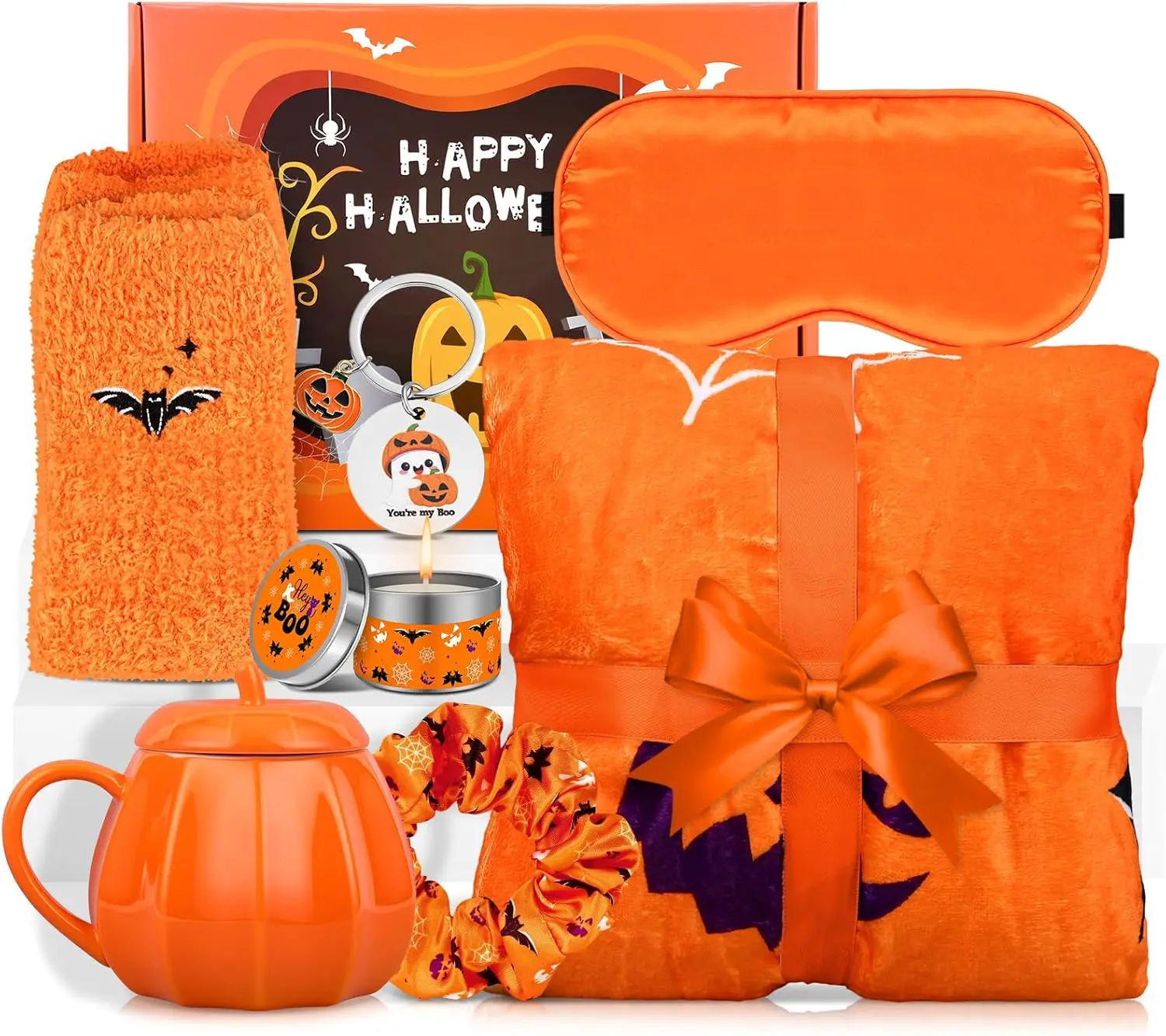 Halloween Fall Gift  Boo Basket Stuffers for Women,Basket with 60x50 Inch Cute Ghost Flannel Blanket Pumpkin Mug Spooky Halloween Stuffers for Girls Her Teens Girlfriend