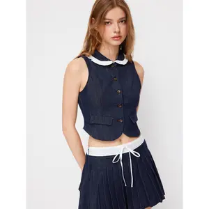 Cider Denim Peter Pan Collar Lettuce Trim Contrasting Binding Vest