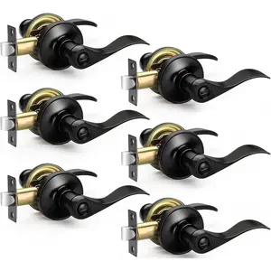 6 Pack Matte Black Privacy Door Handles, Heavy Duty Wave Style Door Levers, Interior Bed/Bath Door Locks Door Knobs, Reversible Levers for Right and Left Handed Doors