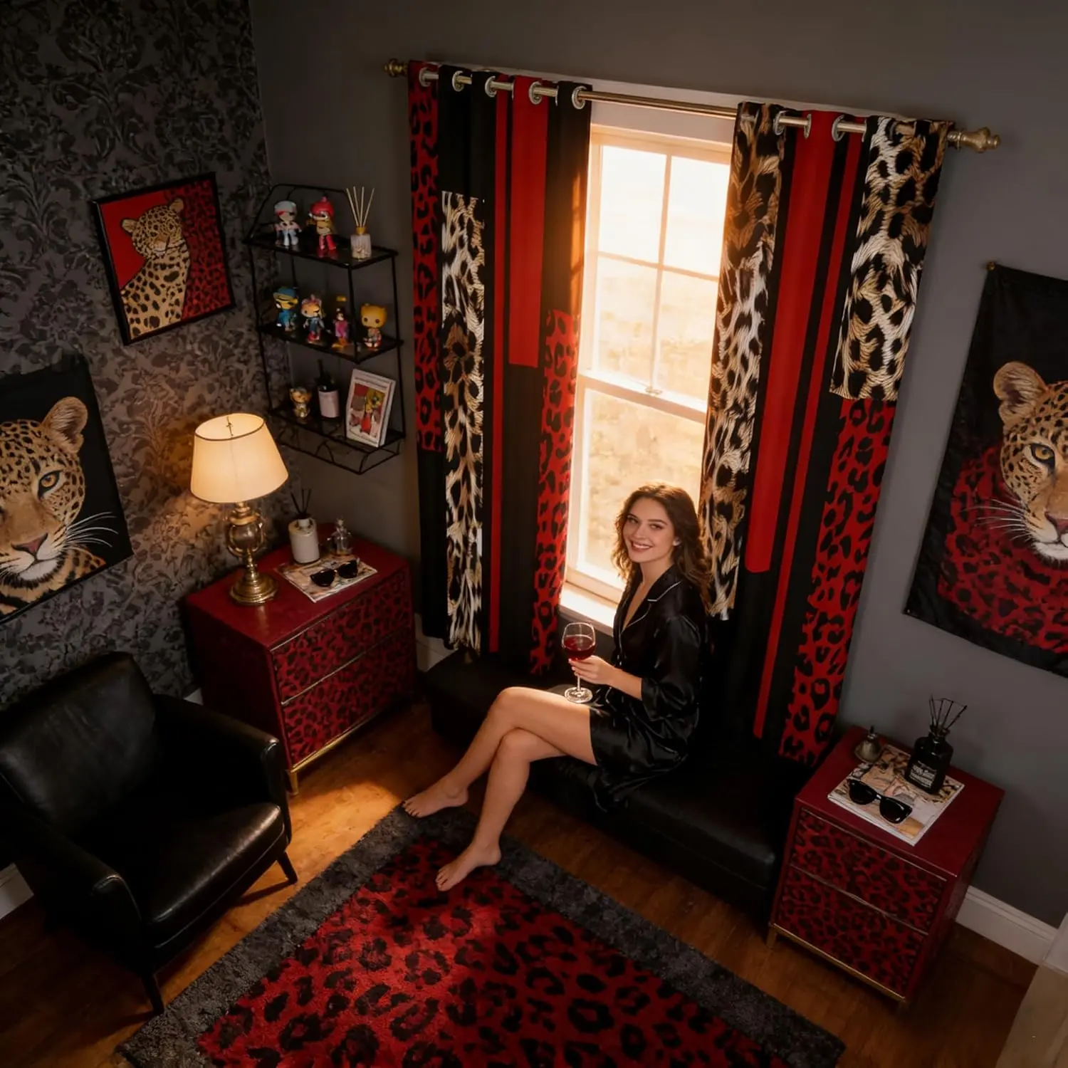 Leopard Print Blackout Curtains,Abstract Wlid Cheetah Skin Rustic Window Drapes Women,Geometric Stripes Patchwork Fashion Red Brown Window Treatments Grommet Top Panel Set