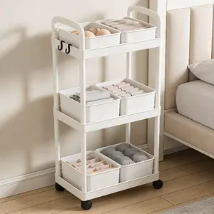 White 3-Tier Underwear Organizer Cart with Hooks & Silent Wheels, Moisture-Proof Plastic Storage Rack for Bedroom/Bathroom, Small Space Saver