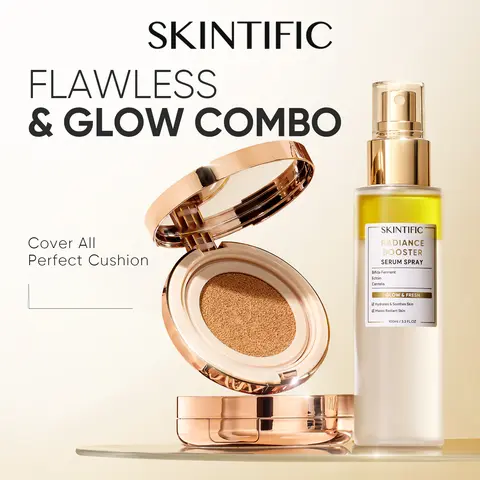 SKINTIFIC 2PCS Flawless Glow Makeup Combo - Radiance Booster Serum Spray + Cover All Perfect Cushion 12H Long Lasting Skin Barrier Care