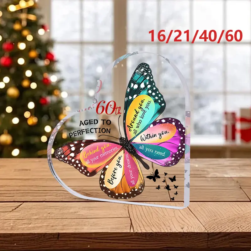 16/21/40/60th Birthday Gifts Acrylic Desktop Decorative Sign, Heart Shaped Butterfly Pattern Design Birthday Decorations Presents, Perfect Birthday Gifts for Friends，Mom, Aunt, Grandma, Unique Anniversary Present, Butterfly Gifts