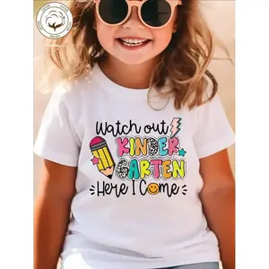 Toddle Girl's T-Shirt, Pencil Pattern, Printed And Watch Out Kindergarten Here I Come With Letters, Soft And Versatile Round Neck, Short Sleeves