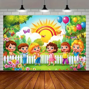 Childhood Cheerful Backdrop Tapestry Wall Hanging Photography Background Cartoon Fun Theme Banner for Birthday Baby Shower Family Party Room Decor Polyester Fabric