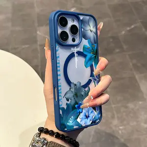 Magnetic Stylish Case for iPhone 17 16 E Pro Max 15 Plus 14 13 12 11 XS XR, Cute Blue Lily Frame Print | Shockproof, Silicone, Trendy, Protective, and Aesthetic