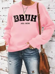 Women's Casual Bruh Aka Mom Graphic Knit Pullover Sweater, Soft Long Sleeve Round Neck Sweatshirt, Comfortable Daily Wear