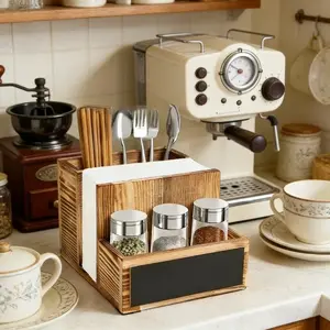 Napkin Holder for Table, Wooden Napkin Holder with Salt and Pepper Shakers Caddy, Rustic Napkin Holders for Kitchen Dining Room Table Decor, Standing for Dining Table, Kitchen, Restaurant, with Seasoning Knife Fork Storage Box and Paper Towel Holder