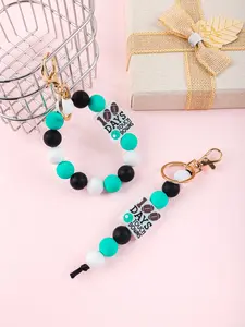 Rugby Themed 100 Days Touch Downs Keychain, Flexible Wristlet with Tassel, Beaded, Acrylic Charm, Back to School Accessory