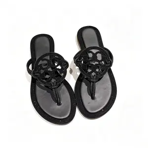 Women's Rhinestone Flat Sandals - Black Sparkling T-Strap Flip Flops, Luxury Designer Inspired, Non-Slip Summer Slides for Casual & Dressy Wear