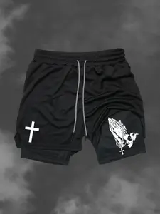 Cross Print Dual Layer Multi-Pocket Shorts, Summer Casual Fitted Sport Shorts for Active Wear, Stylish Two-In-One Design
