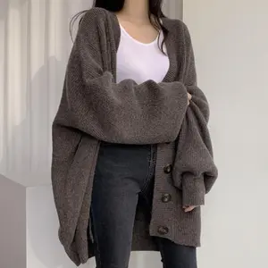 Women’s Solid Color Knit Cardigan V-Neck Ribbed Long Dolman Sleeve Button-Front Closure Sweater
