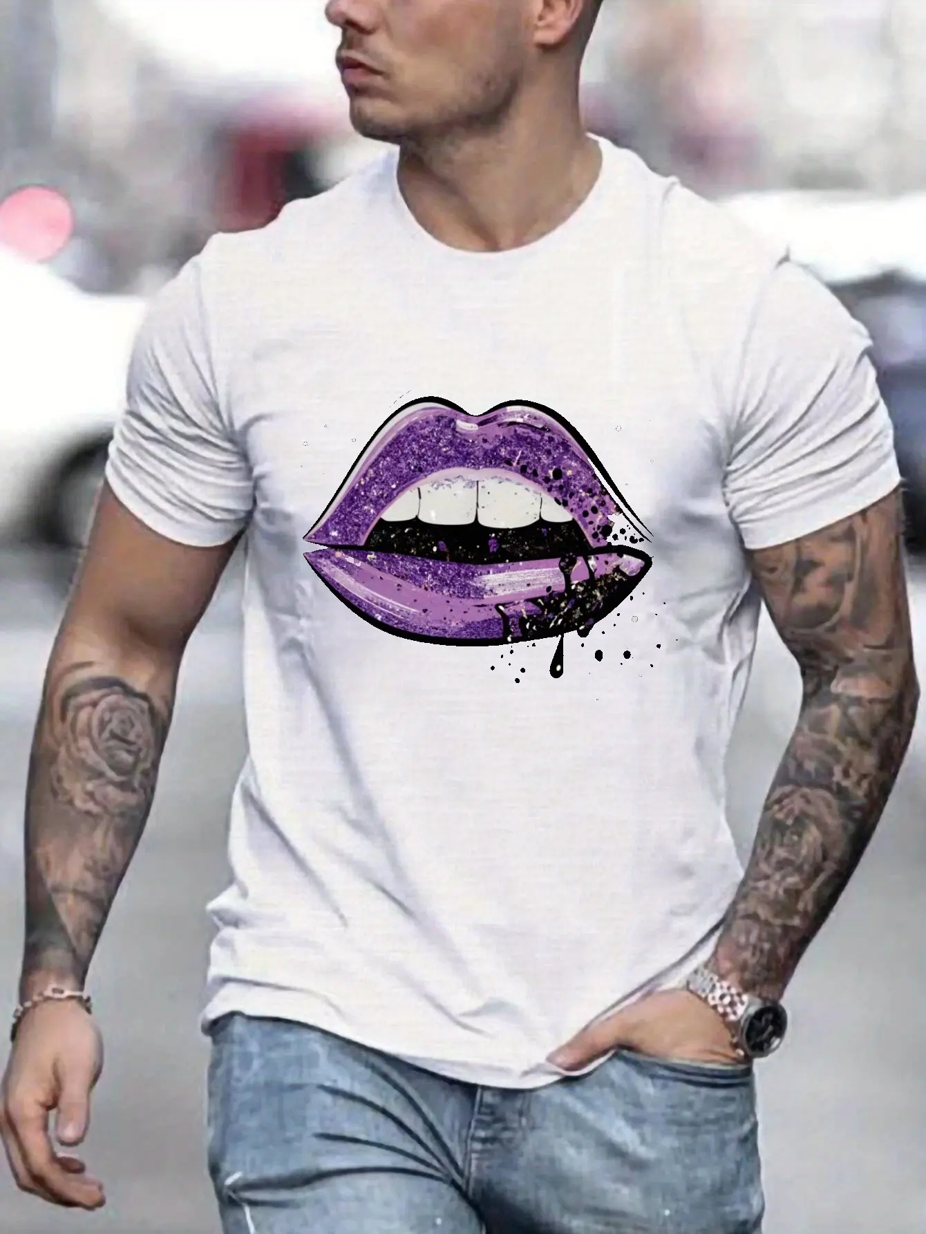 Purple Lips Print T Shirt, Tees For Men, Casual Short Sleeve T-shirt For Summer