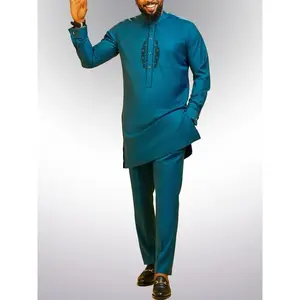 2 pcs/set Deep Blue Dashiki for Men, Embroidered Shirt and Drawstring Trousers, African Traditional Menswear for Wedding, Party, Dates, and Cultural Activities