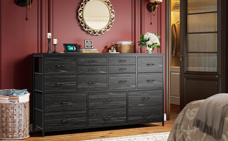 Raybee Furniture Dresser with 16 Drawers, Multifunctional TV Stand & Charging Station, 51.1" Long, 34.8" Height, 3 Power Outlet & 2 USB Ports