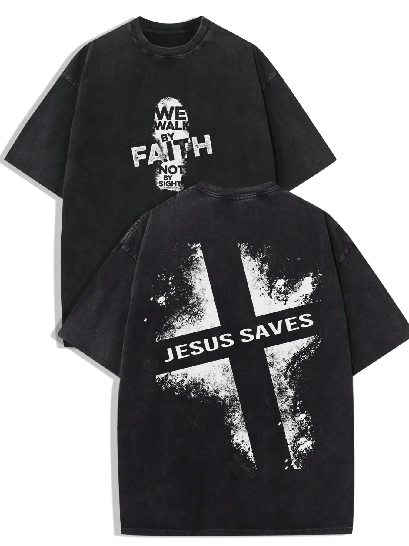1 PCS Black Washed Oversized 100% Cotton T-Shirt, Front We Walk By Faith Not By Sight Footprint Back Jesus Saves Cross Double Sided Vintage Graphic Print, Grunge Christian Streetwear Tee, Soft Breathable Unisex Top For Faith Believers Casual Outfit