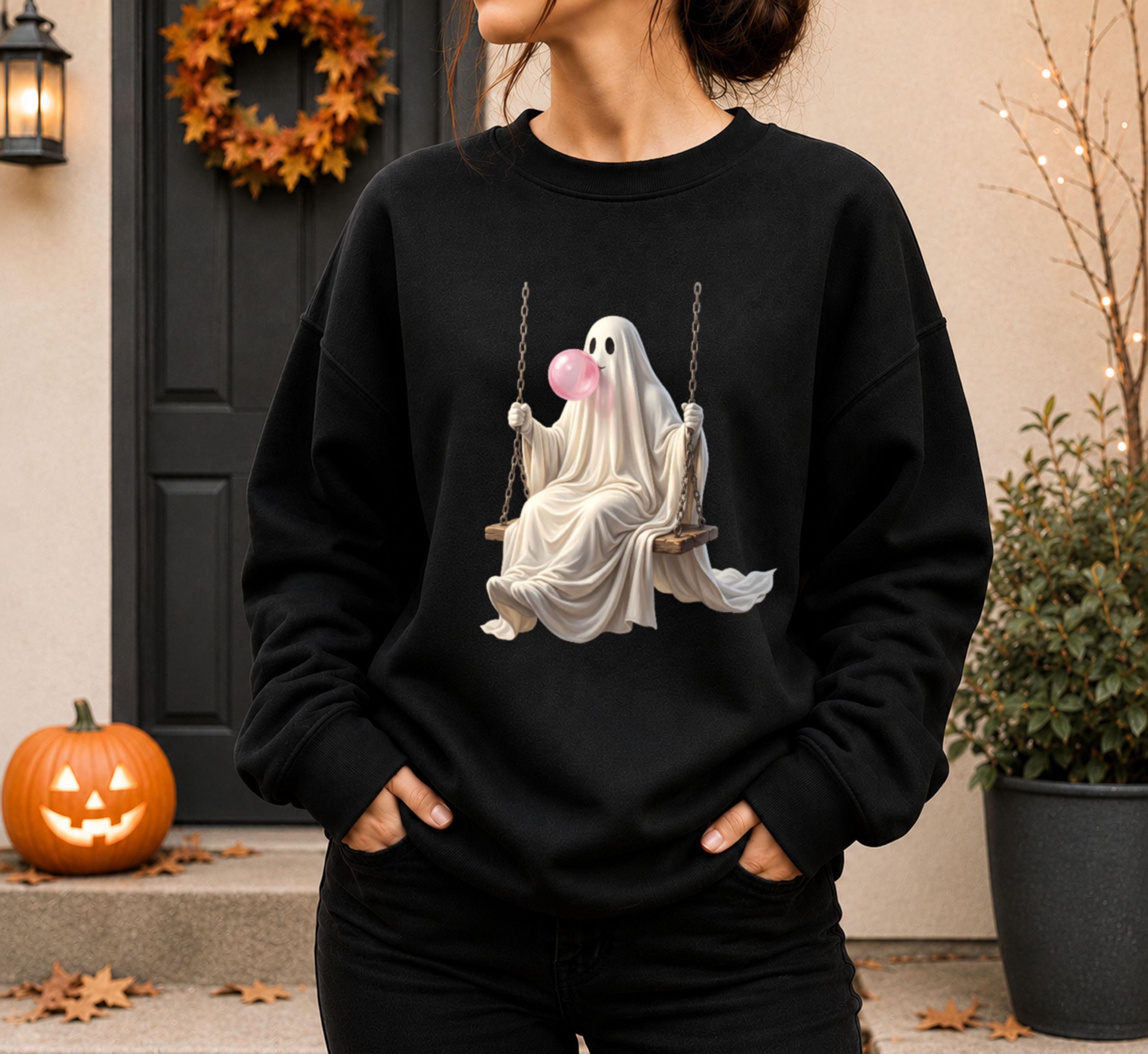 Ghost Swinging Sweatshirt, Cute Gum Ghost Graphic Crewneck, Spooky Season Halloween Sweater, Cozy Fall Ghost Pullover
