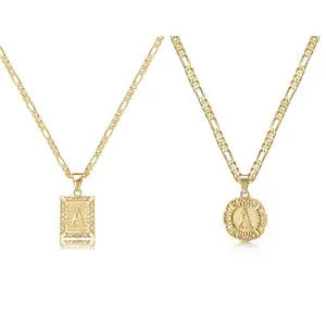 KissYan Jewelry Initial Pendant Necklace for Men Womens, 14K Gold Plated Square Letter Capital Necklace Alphabets from A-Z Figaro Chain Necklace