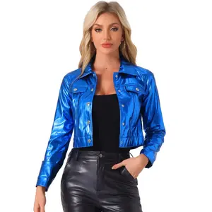 INSPIRE CHIC Women's Spread Collar Biker Holographic Button-Down Cropped Jackets Large Blue