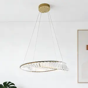 23.6 Inch Modern Gold Ring Crystal Chandelier 3-Color Changing LED Adjustable Height for Dining Room Kitchen Living Room Bedroom Study