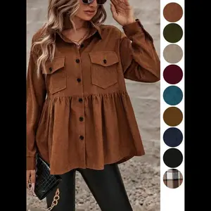 【Plus Size】Flap Pocket Ruffle Hem Button Front Shirt, Casual Long Sleeve Collared Peplum Top for Fall & Winter, Women's Clothes for Daily Wear