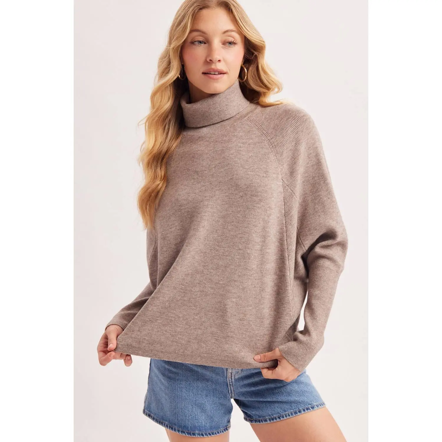 TURTLE NECK BATWING SLEEVED PULLOVER KNIT SWEATER: MELANG TAUPE
